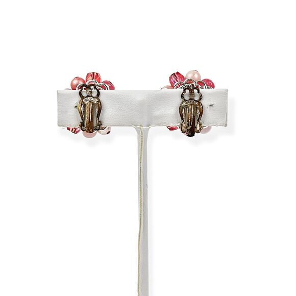 Vintage Earrings Clip On Round Cluster Pink White AB Beads Silver Tone Japan - Picture 3 of 5